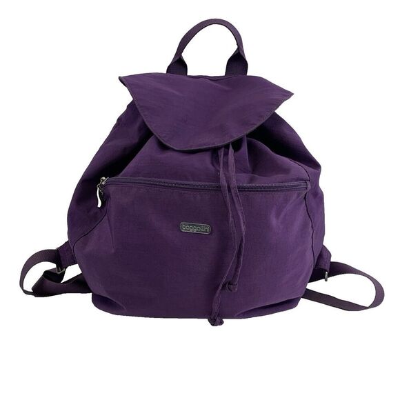 Baggallini Cinch Backpack Purple Nylon Flap Snap Drawstring Adjustable Medium - Picture 1 of 14